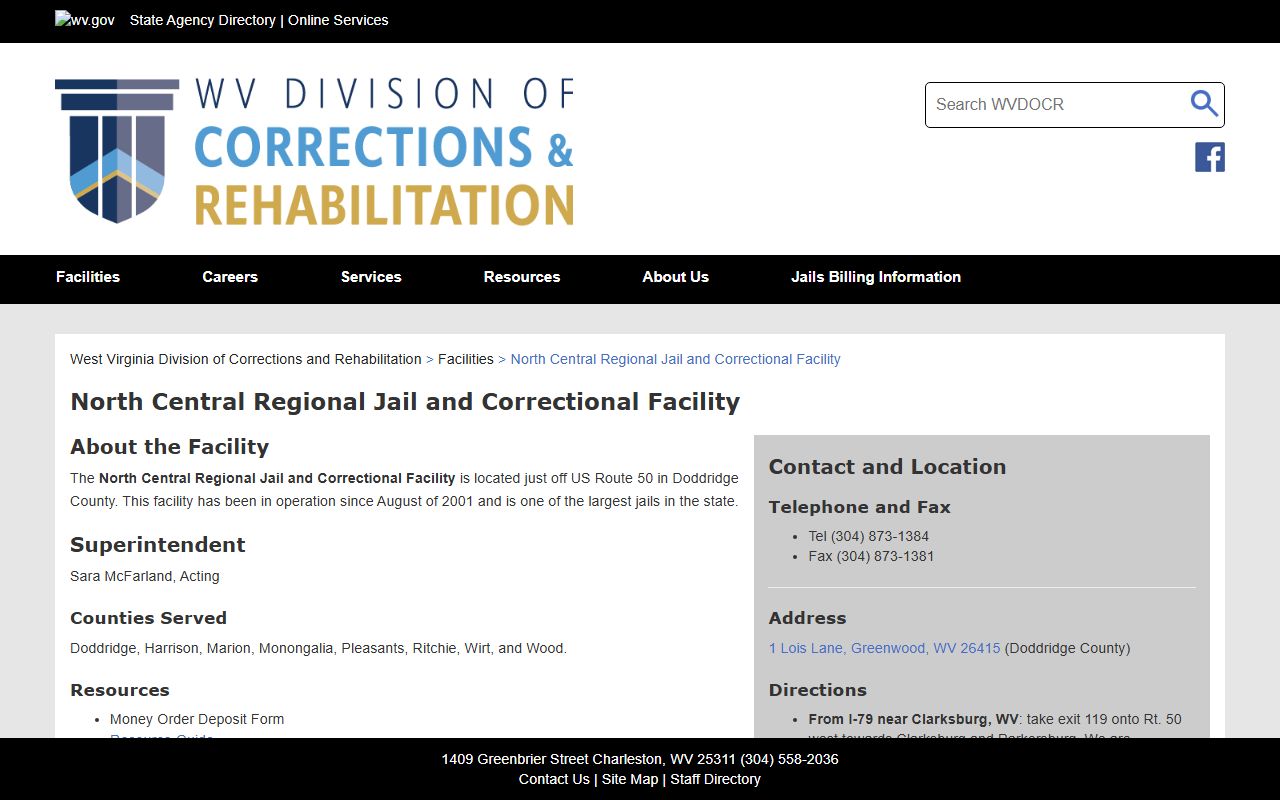 North Central Regional Jail and Correctional Facility page for Ritchie County inmate lookup