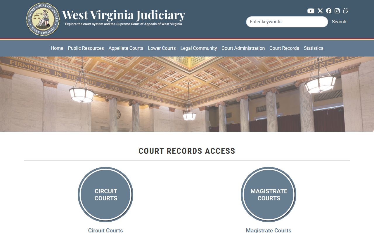 West Virginia Judiciary court record access page for magistrate and circuit searches