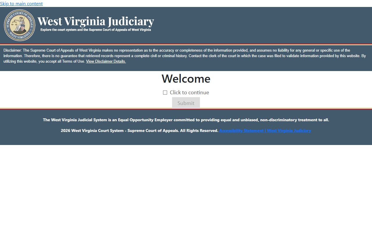 West Virginia Magistrate Case Record Search portal disclaimer screen