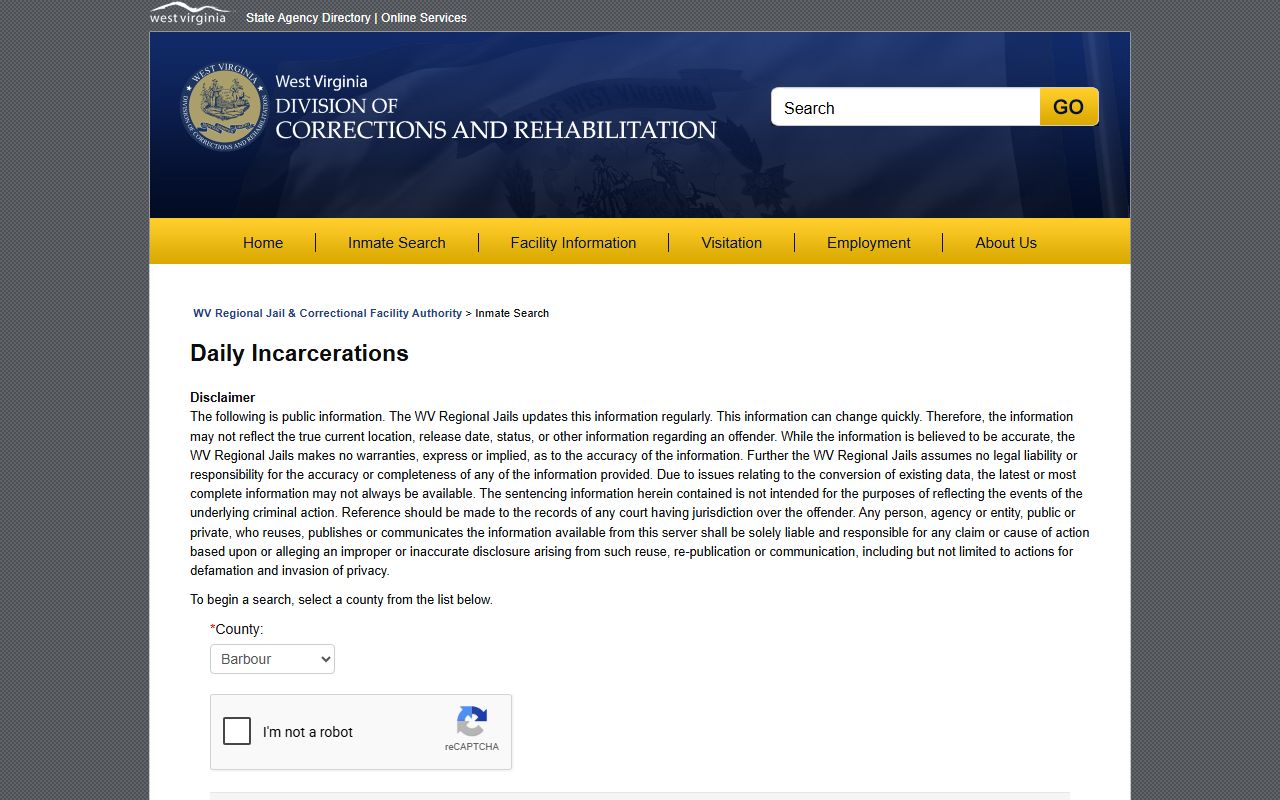 Ritchie County jail roster Daily Incarcerations search page