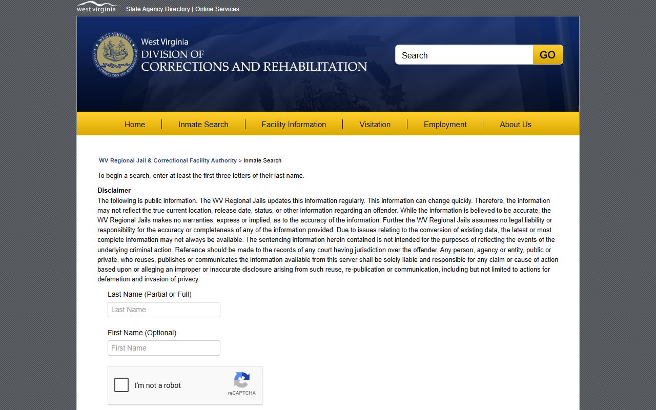 Ritchie County inmate search through WV Regional Jails offender search form
